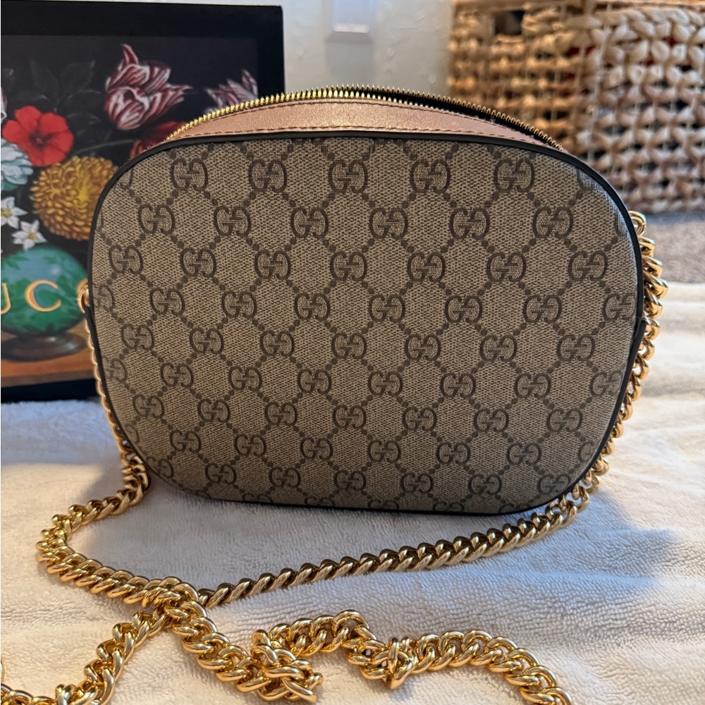 Gucci GG Supreme Monogram Cuoio Toscano Mini Chain Shoulder Bag